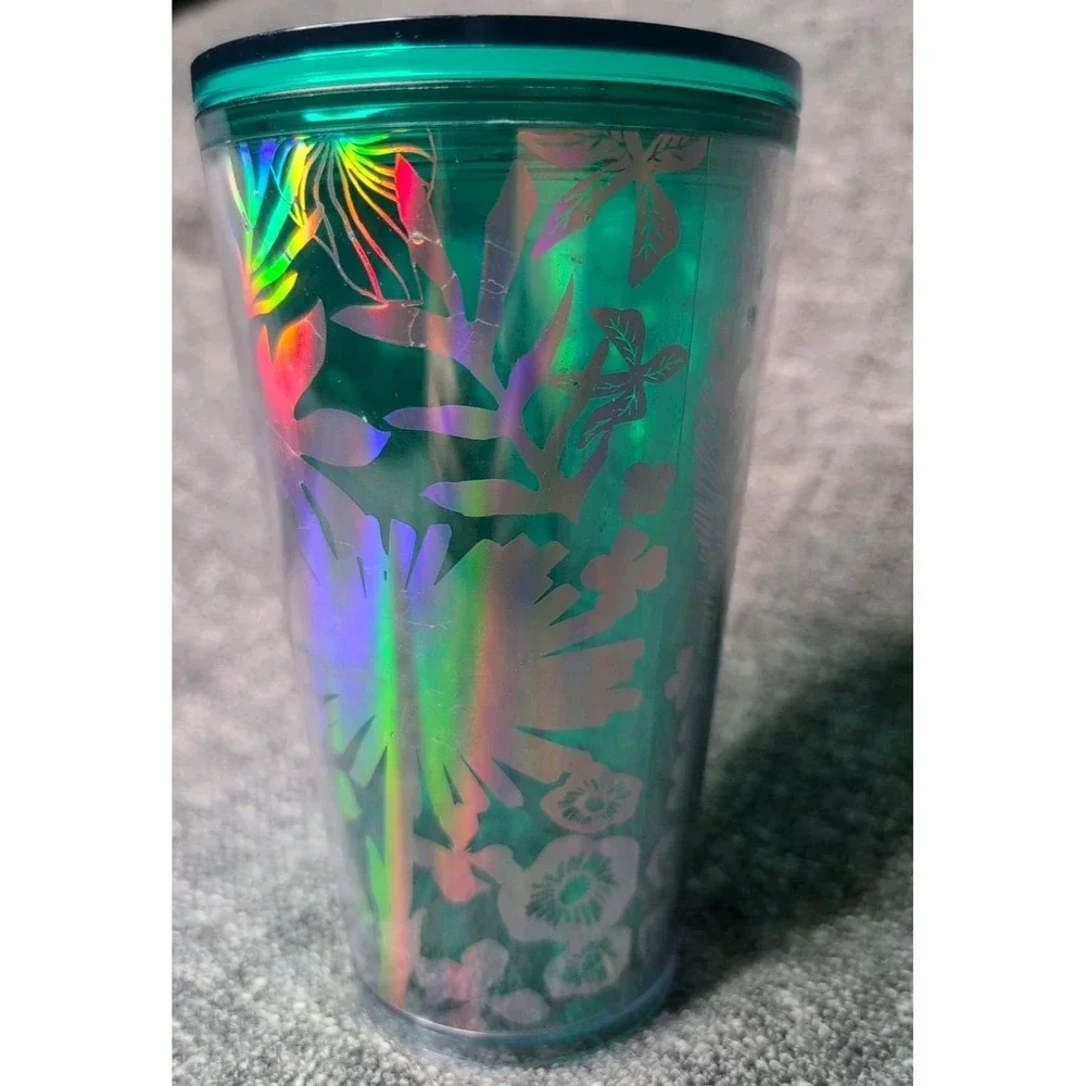Starbucks 2022 Summer Grande 16oz‎ Silver Green Foliage Tumbler No Straw